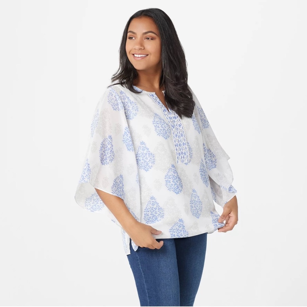 ❤️‍🩹 TINY FLAW❤️‍🩹BELLE BY KIM GRAVEL FLORAL MEDALLION PRINTED BLOUSE